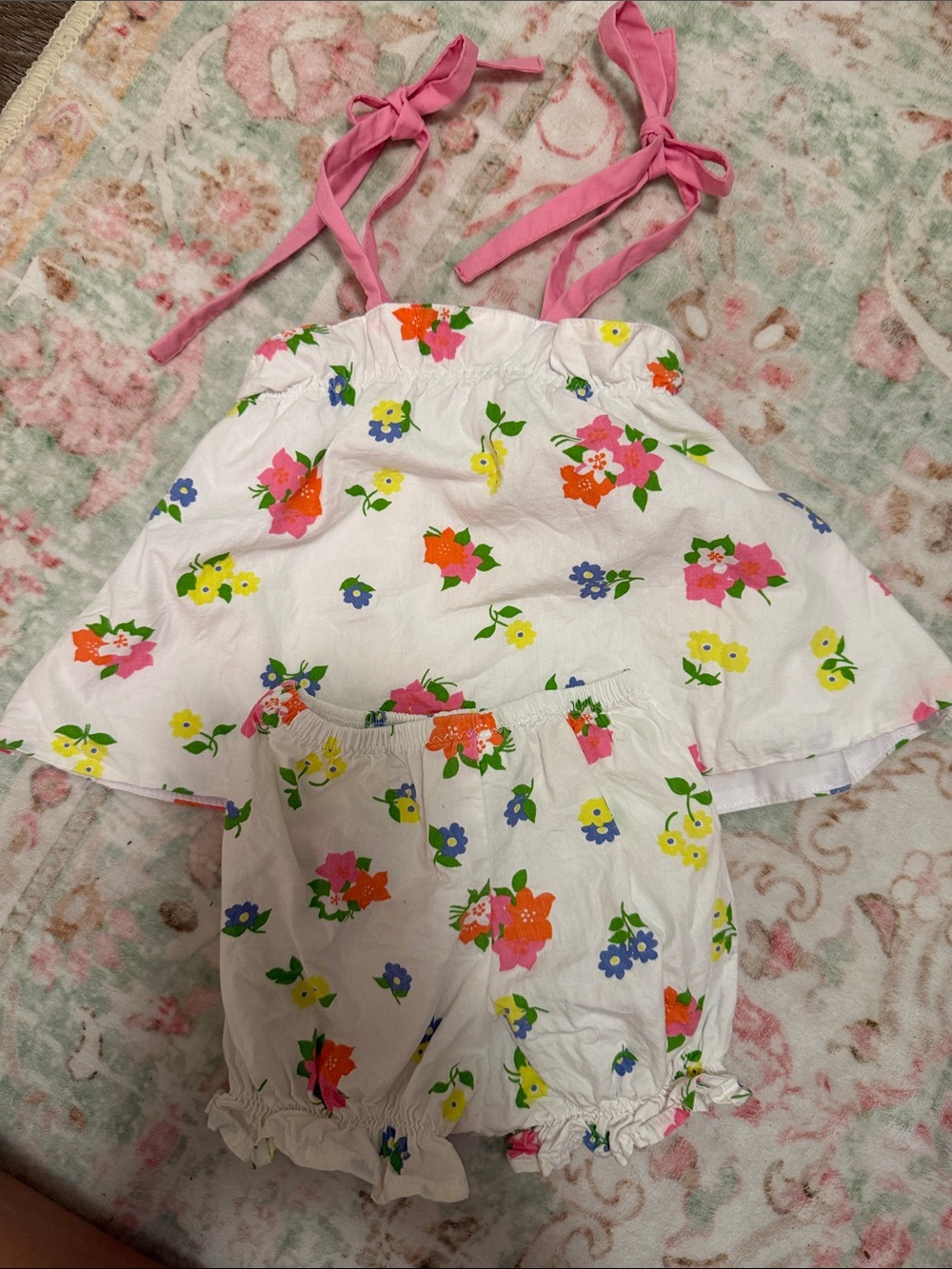 White Floral Tie-Shoulder Set - Pink Strap Detail